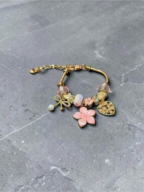 Gold Pink Floral Charm Bracelet